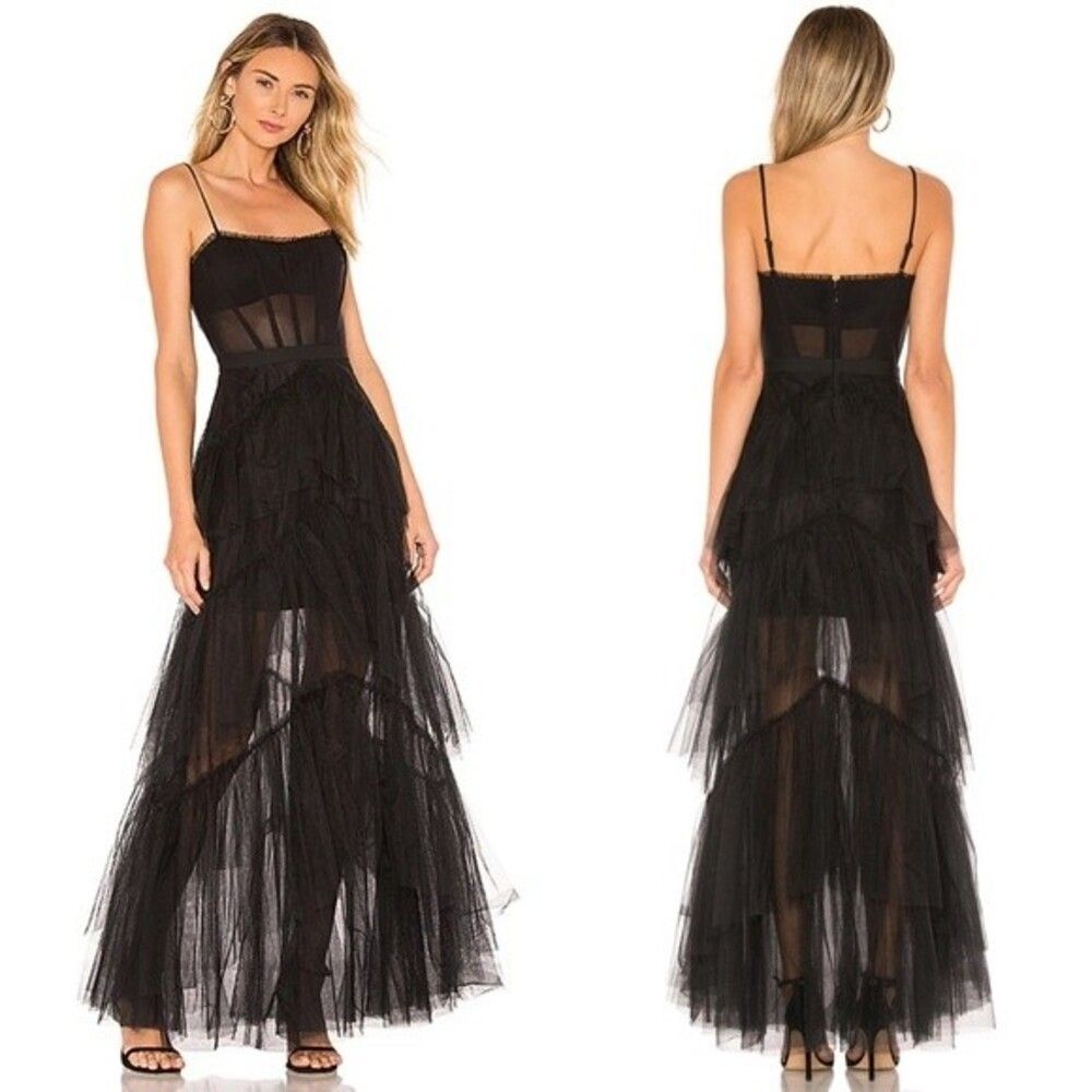 BCBGMAXAZRIA  Size 2 Oly Corset Tulle Tiered Ruffle Trimmed Gown, Black